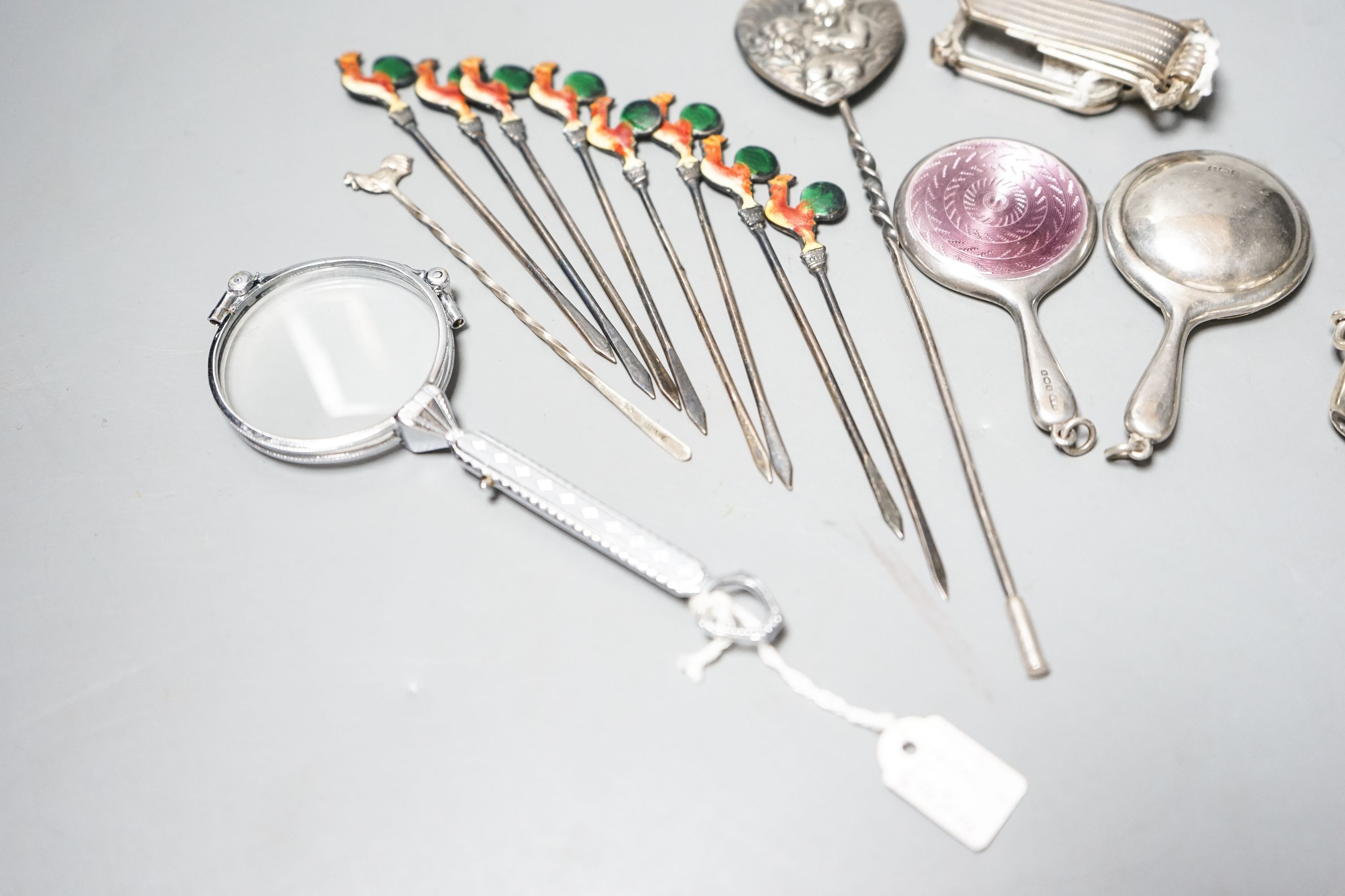 Small silver and white metal including enamelled handbag mirror and one other, a vesta case enamelled cocktail sticks, two metal lorgnettes etc.